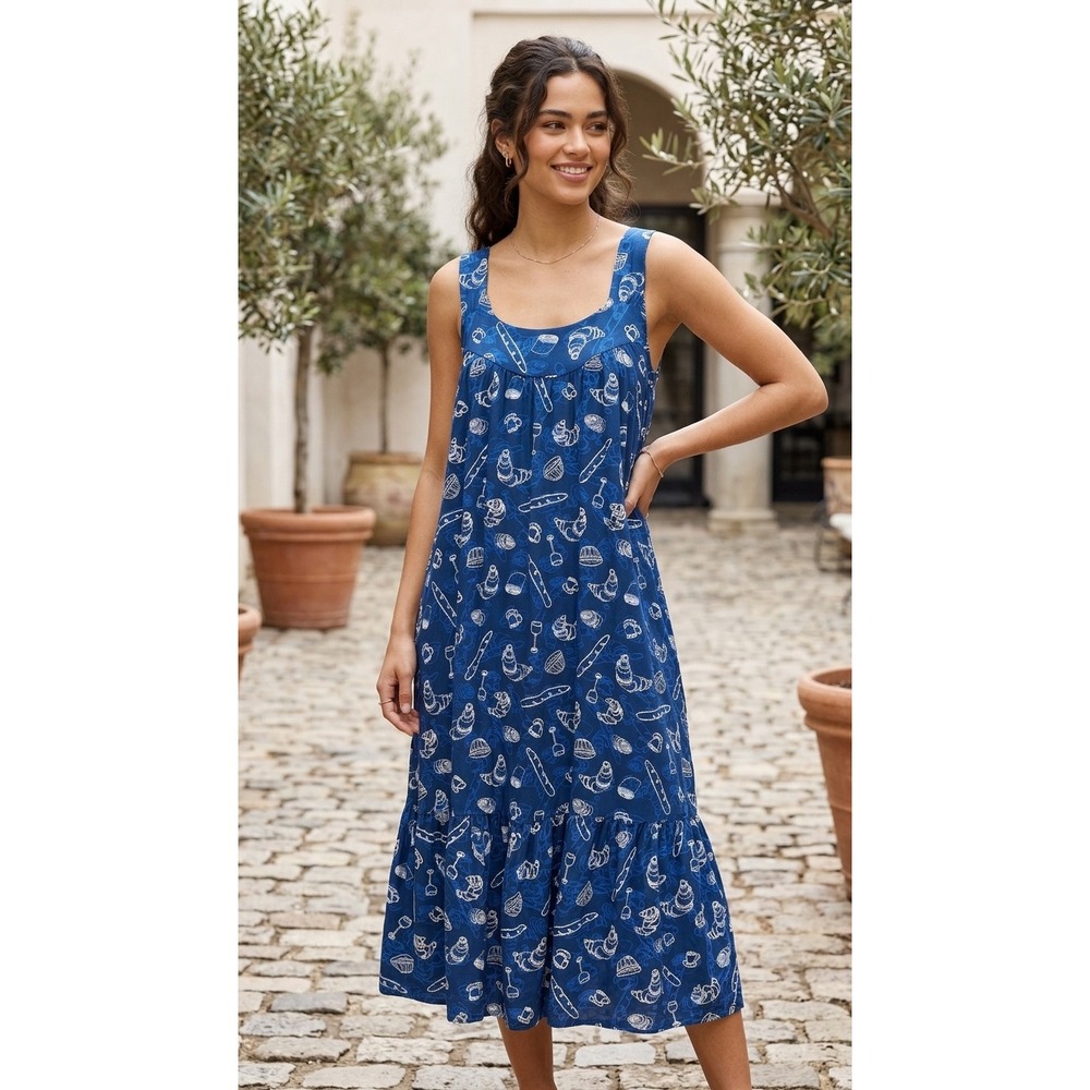 Ulla Popken Blue French Cafe Print Midi Dress Sleeveless Tiered Hem 16/18 NEW